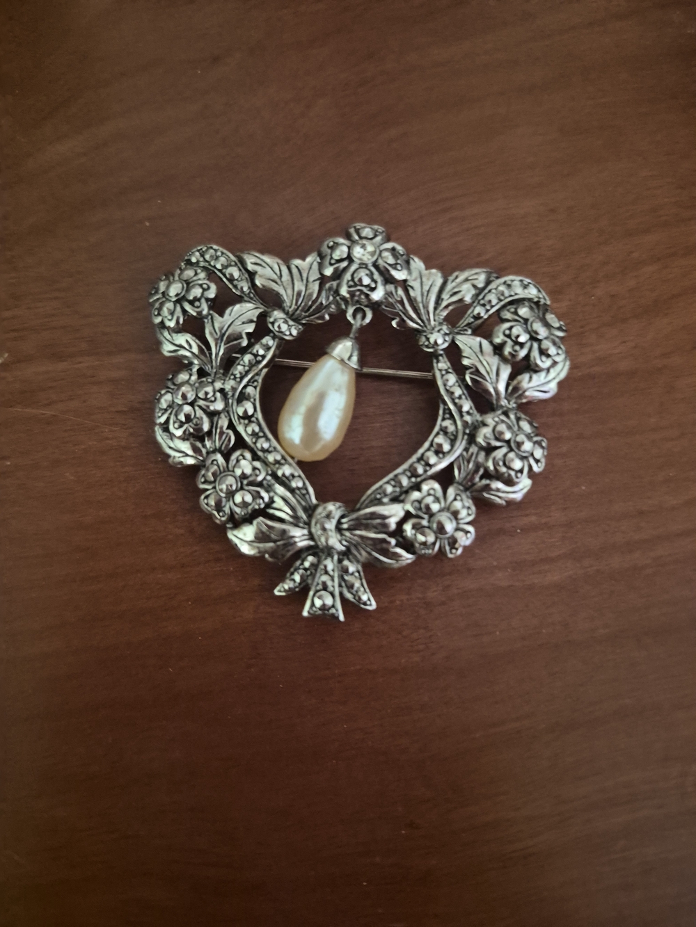 Vintage Silver-Tone Heart Floral Brooch with Pearl Drop
